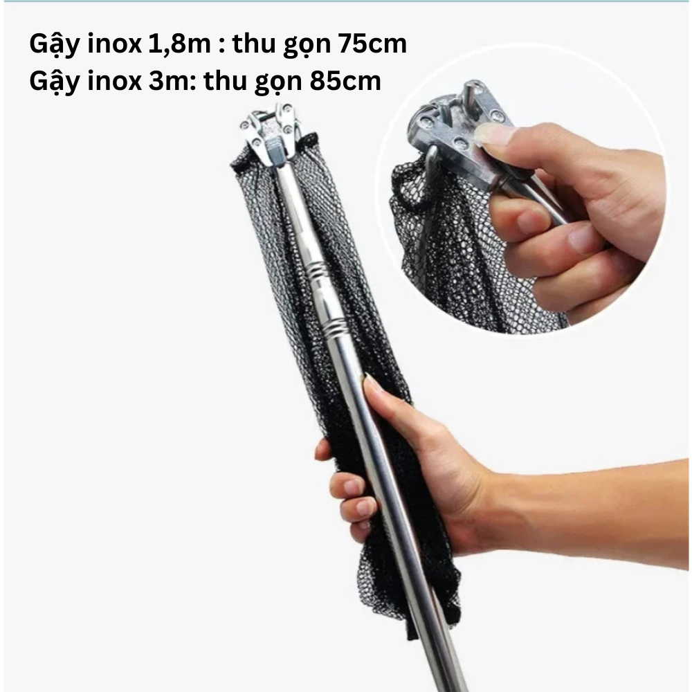Gậy Vợt Inox Vớt Cá, Vớt Bèo, Lưới Dù Siêu Bền – Khung Tam Giác Liền Lưới, Cán Rút 1.8m – 3m