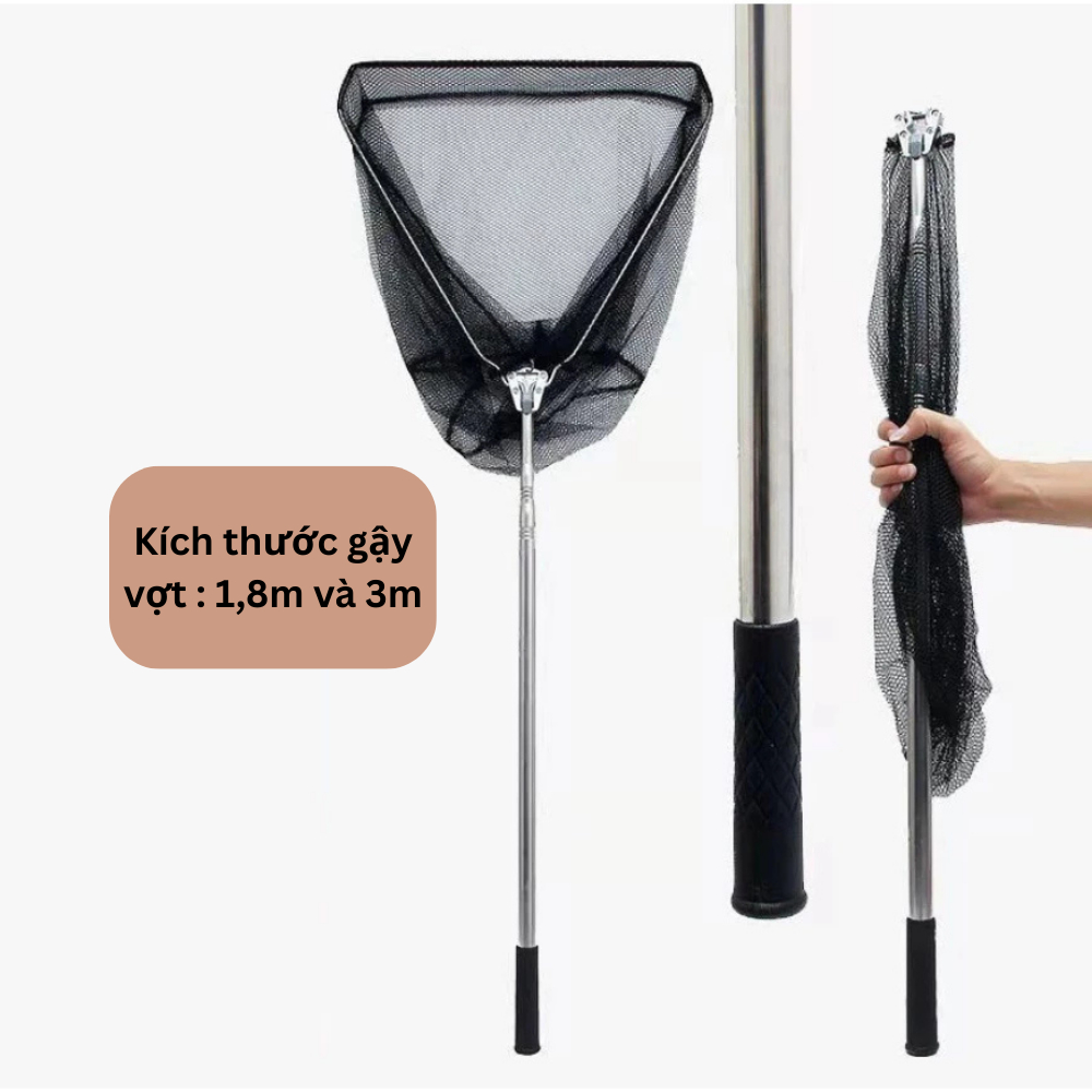 Gậy Vợt Inox Vớt Cá, Vớt Bèo, Lưới Dù Siêu Bền – Khung Tam Giác Liền Lưới, Cán Rút 1.8m – 3m