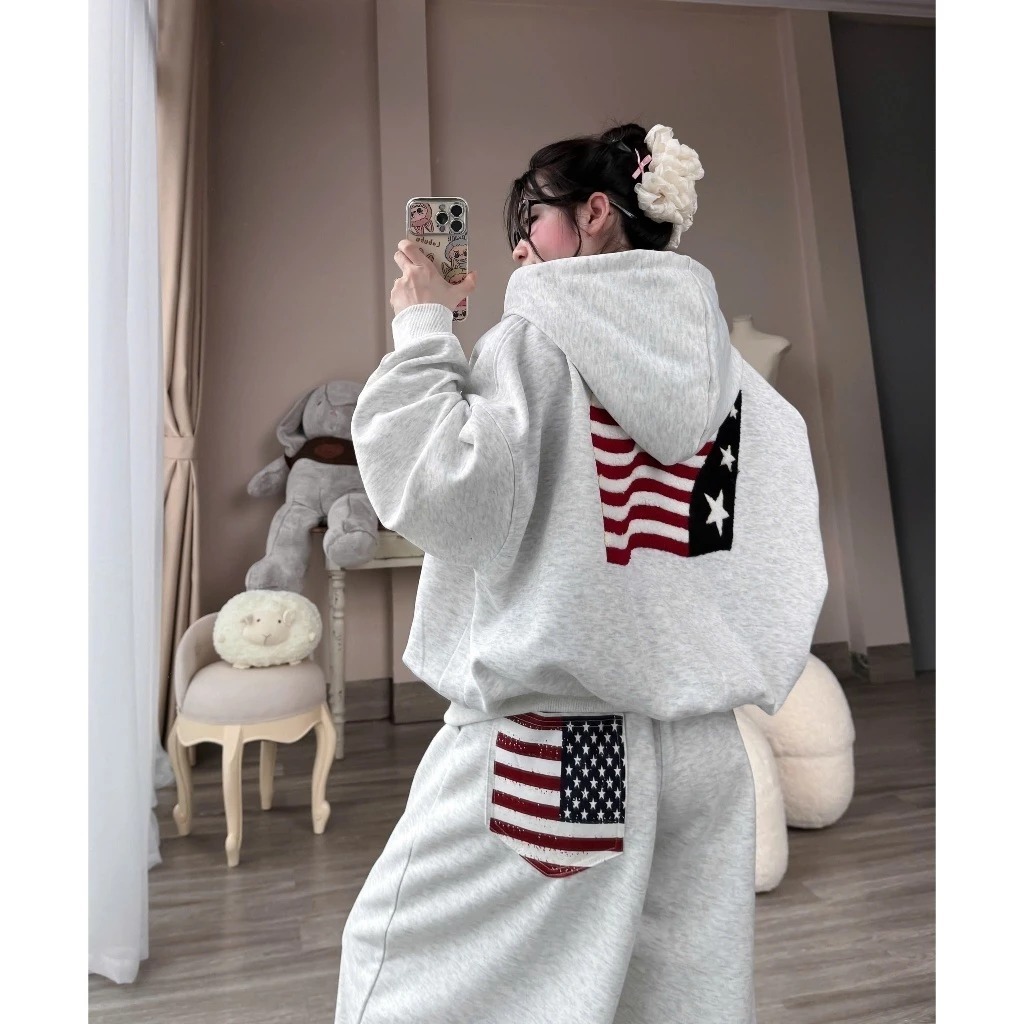 Sét Bộ Nỉ Nữ Basic Hotrend In Lá Cỡ Mỹ Dáng Rộng Tay Bồng Mix Quần Dài Jogger Ống Siêu Đẹp