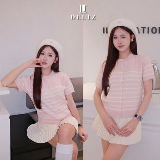 DELIZ - Áo len ngắn tay vặn thừng len lông thỏ cao cấp cho nữ kẻ sọc nhiều màu basic PL46 300G