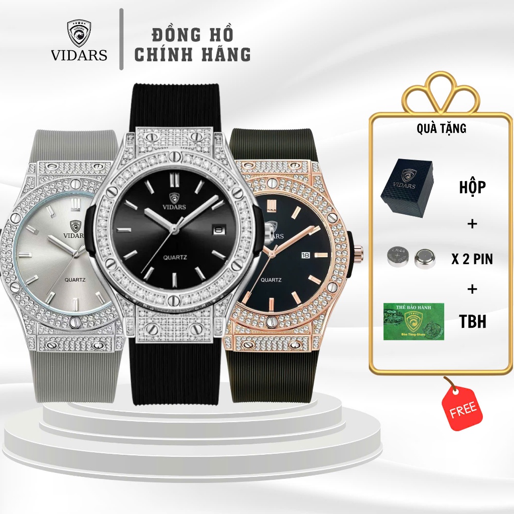 Đồng Hồ Nam VIDARS Viền Đá Khung Đá Dây Silicon Có Bộ Lịch Ngày Chống Nước 3ATM Đeo Tay Watch