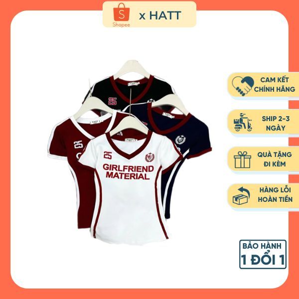 Áo Thun HATT GIRLFRIEND MATERIAL Chất Cotton Áo Phông Babytee Dáng Ôm Cổ Chữ V 4 Màu Co Giãn Tốt H01