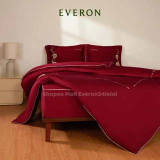 Chăn ga Everon ESTC 26007 màu đỏ đun - vải Tencel Blend thêu hoa Cẩm chướng đỏ