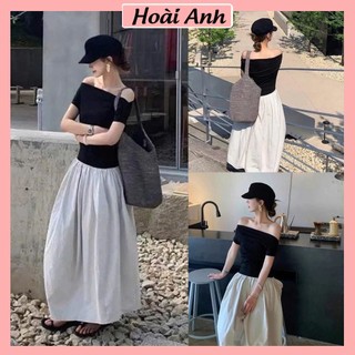 Váy Nữ Dáng Dài Áo Thun Zip Trễ Vai Mix Váy Bồng Kem Dài Mềm Mại Siêu Xinh