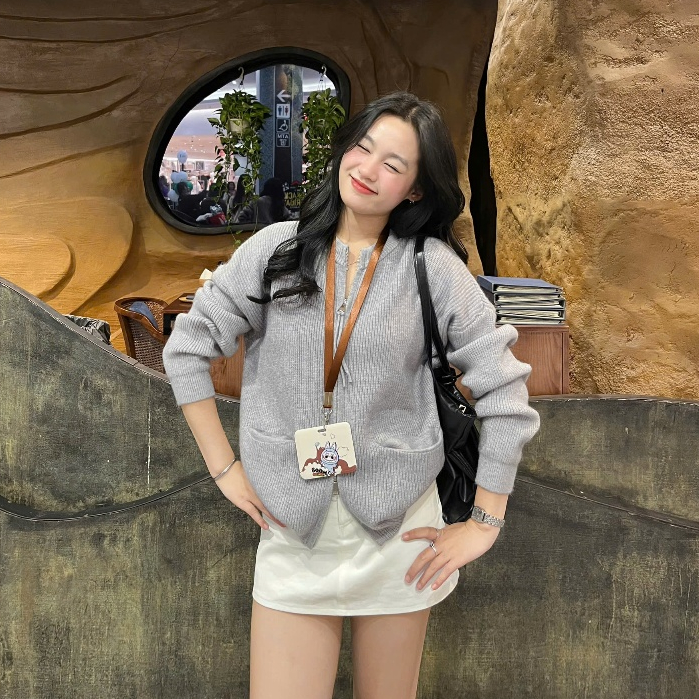 Áo cardigan len lông thỏ Joolate tay dài túi ngang 2 đầu kéo 7703 P3K6