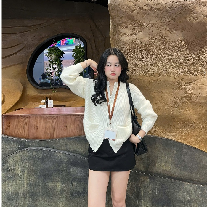 Áo cardigan len lông thỏ Joolate tay dài túi ngang 2 đầu kéo 7703 P3K6