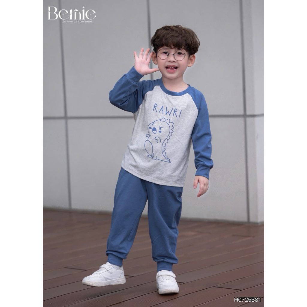 Set cotton dài tay Bernie in họa tiết khủng long, Bộ cotton zaclang dài tay cho bé trai 9-25kg