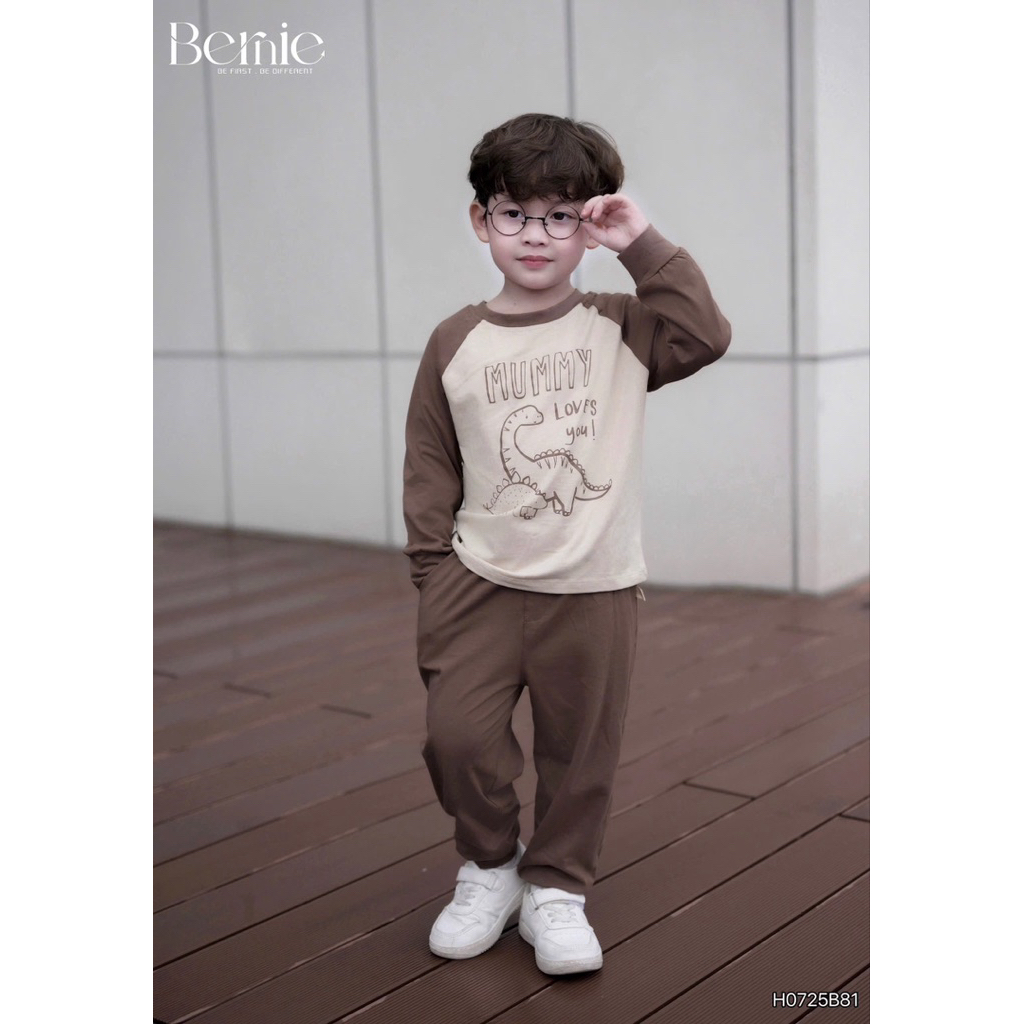 Set cotton dài tay Bernie in họa tiết khủng long, Bộ cotton zaclang dài tay cho bé trai 9-25kg