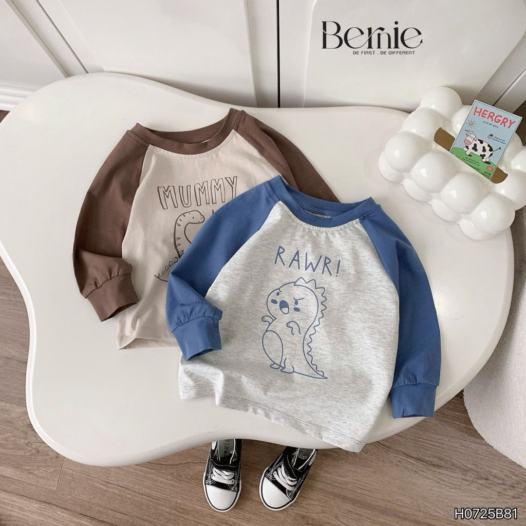 Set cotton dài tay Bernie in họa tiết khủng long, Bộ cotton zaclang dài tay cho bé trai 9-25kg