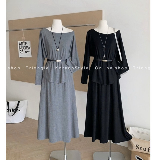 TRIANGLE - Old Set (Cân nhắc kỹ, return is not welcomed)- Set thun 3 chi tiết áo và chân váy kèm belt Hàn Quốc