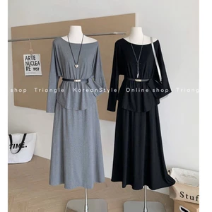 TRIANGLE - Old Set (Cân nhắc kỹ, return is not welcomed)- Set thun 3 chi tiết áo và chân váy kèm belt Hàn Quốc