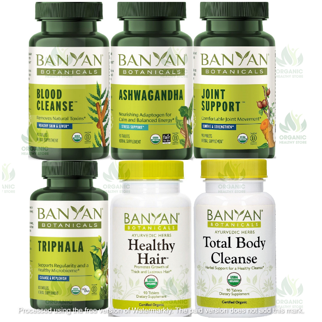 Viên dưỡng mọc tóc Banyan Botanicals Healthy Hair, Total Body/ Blood Cleanse, Ashwagandha, Triphala
