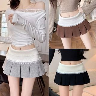 Chân váy xếp ly lưng thun cao phối ren trắng dáng xòe màu xám đen nâu VANISA CV056