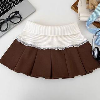 Chân váy nữ chữ a xếp ly ngắn cạp thun cao dáng xòe phối ren 3 màu VANISA CV056