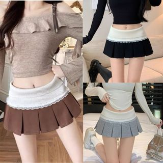 Chân váy nữ chữ a xếp ly ngắn cạp thun cao dáng xòe phối ren 3 màu VANISA CV056