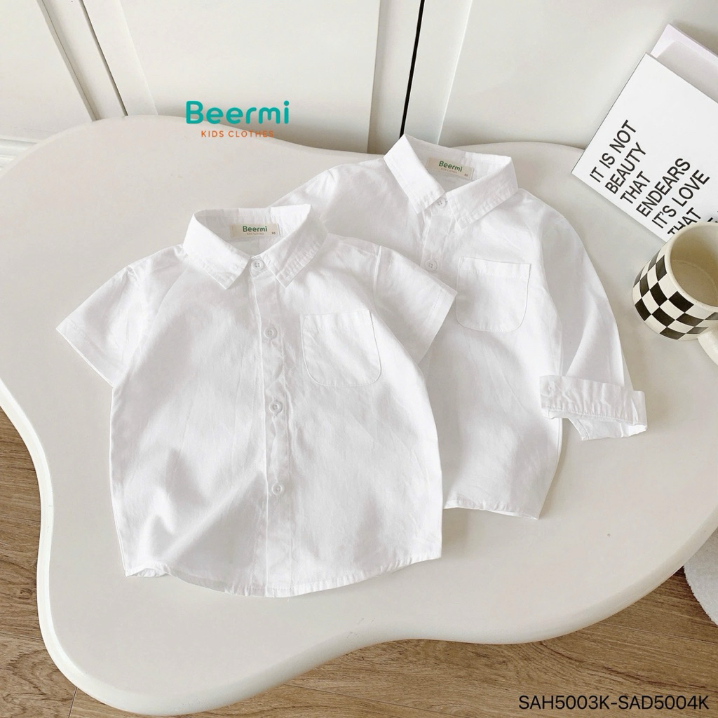 Aó sơ mi cộc tay Beermi chất liệu thô lụa cao cấp thông thoáng bé mặc đi học đi chơi 9-28kg