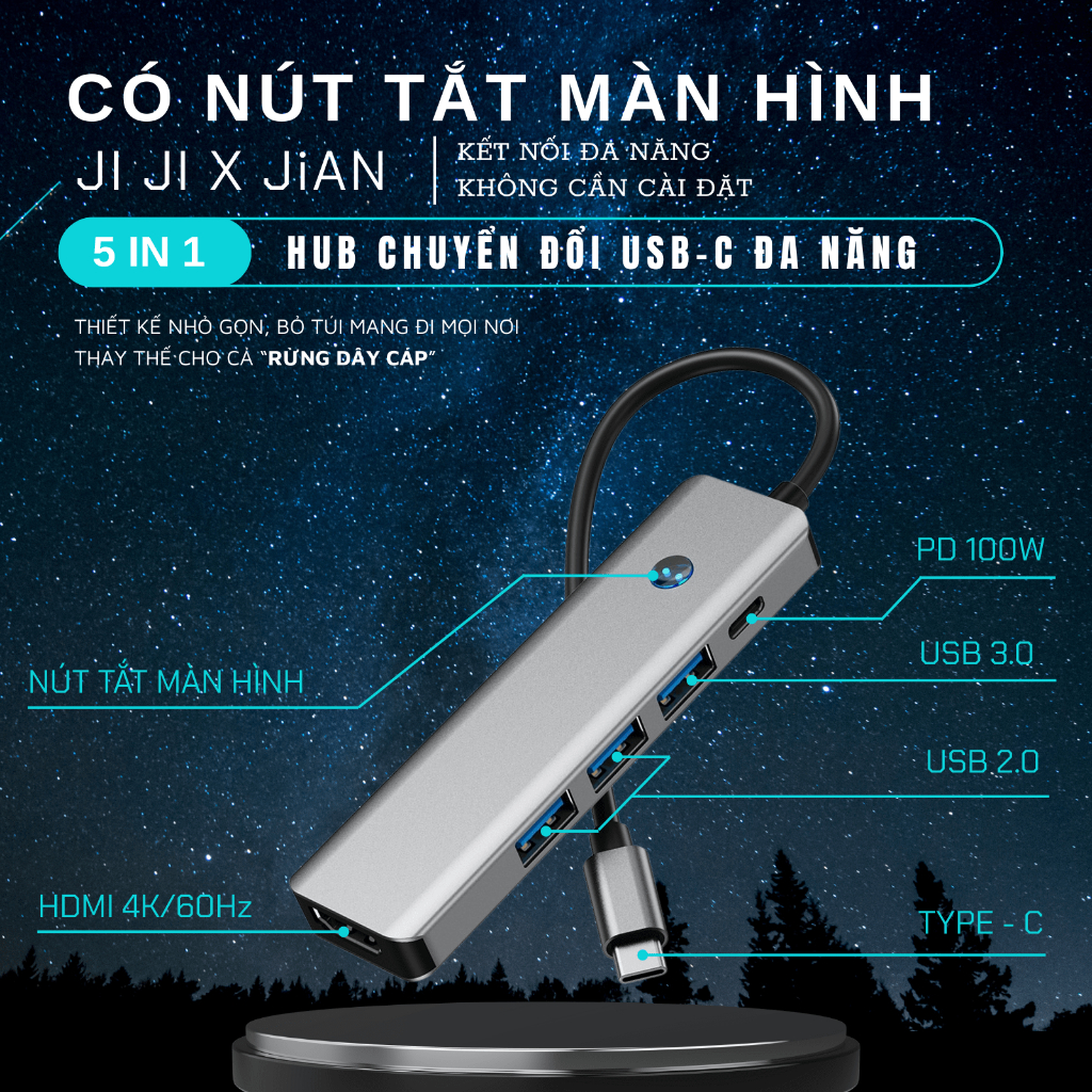 Hub Chuyển Đổi Type-C 5 trong 1 | HDMI 4K, PD 100W, USB 3.0 – Có Nút ...