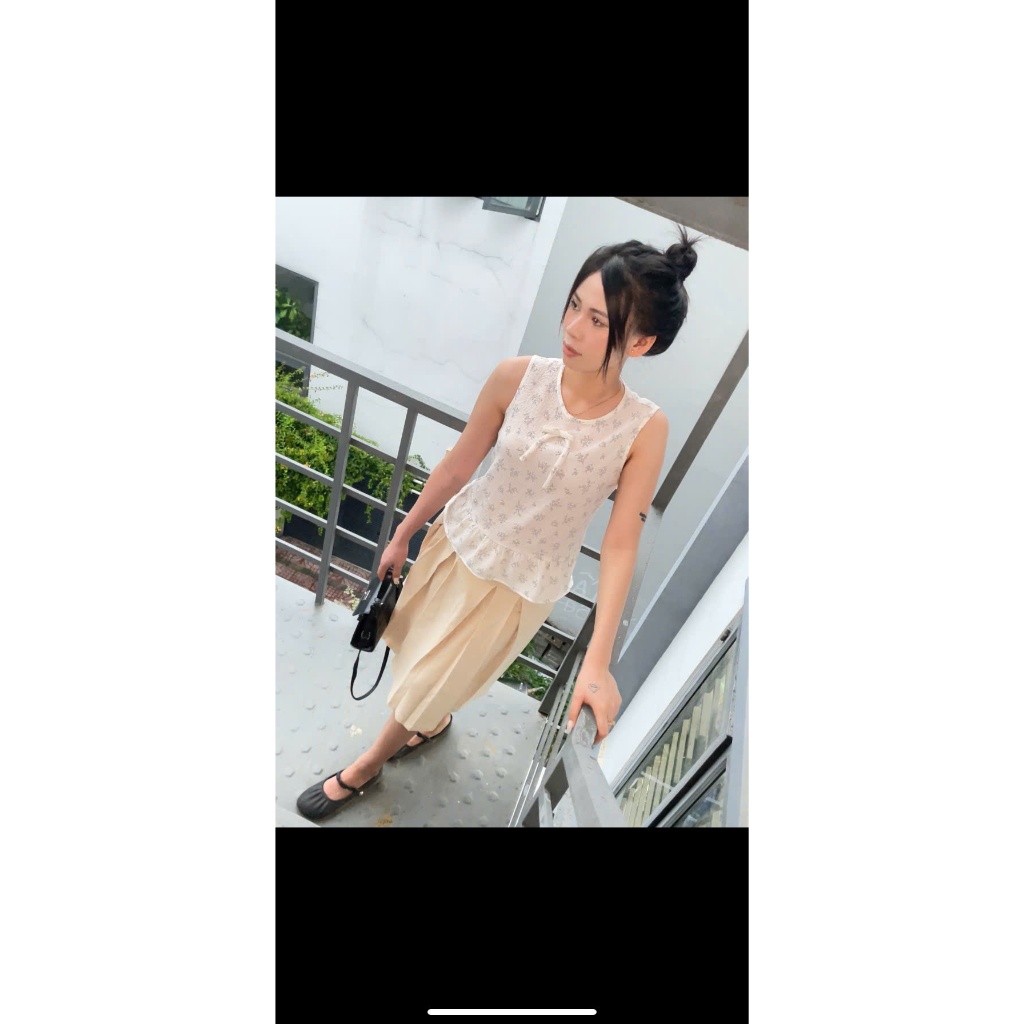 LUMI - Áo kiểu nữ babydoll sát nách cổ tròn vải cotton thô họa tiết kẻ sọc thích hợp đi chơi, đi học
