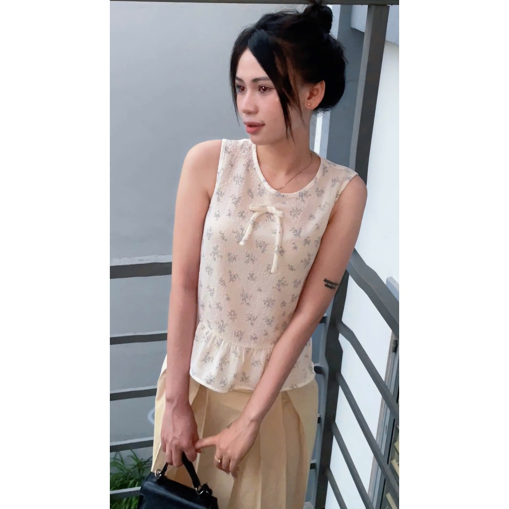 LUMI - Áo kiểu nữ babydoll sát nách cổ tròn vải cotton thô họa tiết kẻ sọc thích hợp đi chơi, đi học
