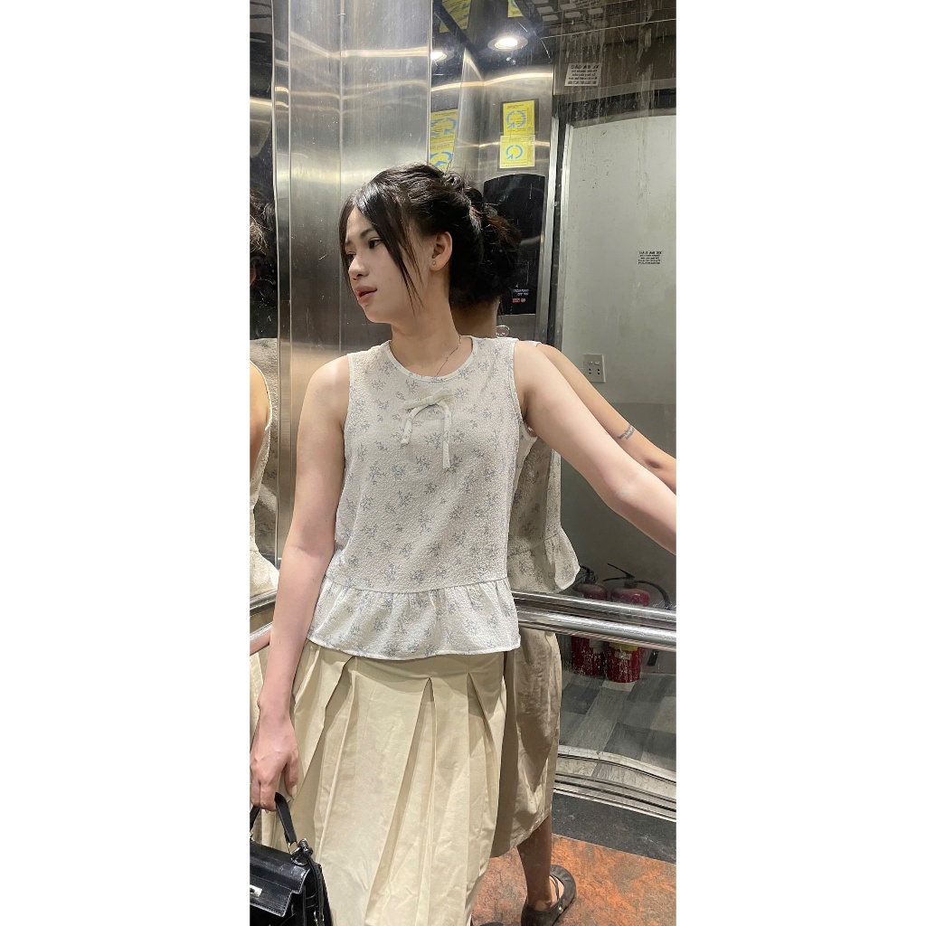 LUMI - Áo kiểu nữ babydoll sát nách cổ tròn vải cotton thô họa tiết kẻ sọc thích hợp đi chơi, đi học