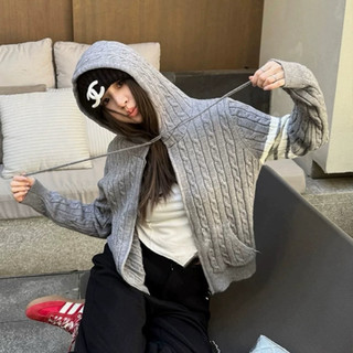 Áo cardigan nữ có mũ len vặn thừng kéo khoá đủ size