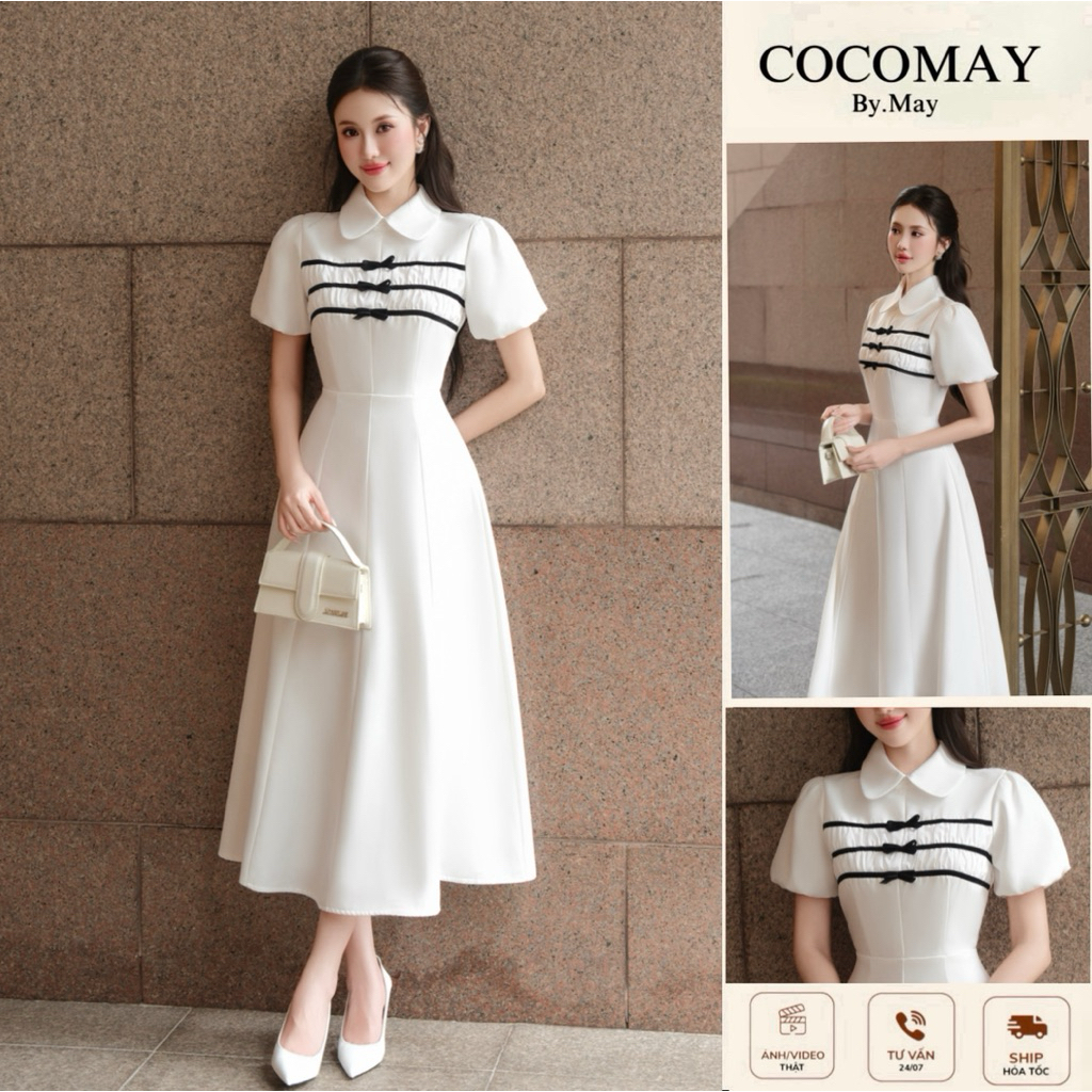 COCOMAY Đầm Serene Bow Dress tiểu thư lá cổ sen xếp nơ đính nút kiểu ...