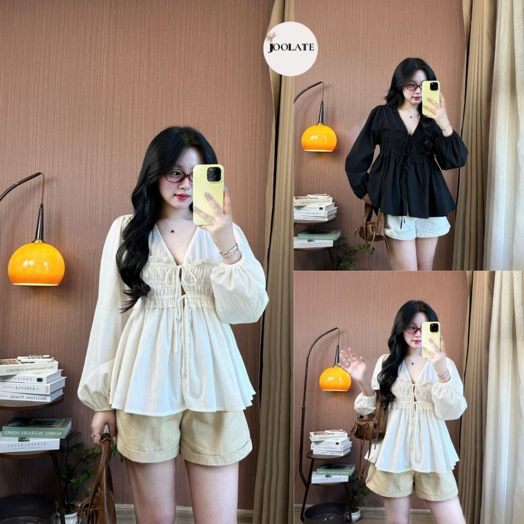 Áo Babydoll Joolate Cổ V Tay Dài Thắt Nơ Trước Nhún Eo Bèo Nhẹ Hàn Quốc Mặc Thu Đông Điệu Đà  02_P5K5