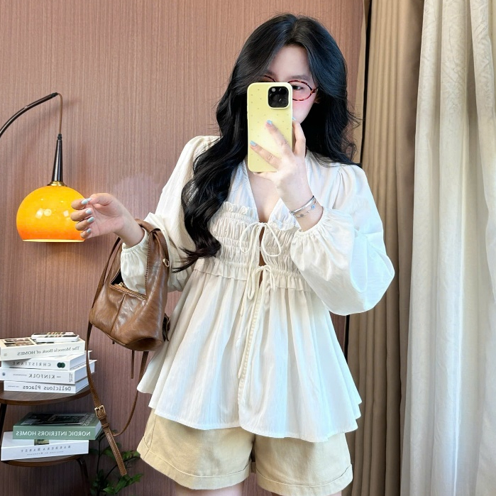 Áo Babydoll Joolate Cổ V Tay Dài Thắt Nơ Trước Nhún Eo Bèo Nhẹ Hàn Quốc Mặc Thu Đông Điệu Đà  02_P5K5