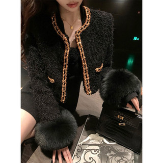 Áo khoác dạ lông nữ form croptop viền kim tuyến tay lông sang trọng