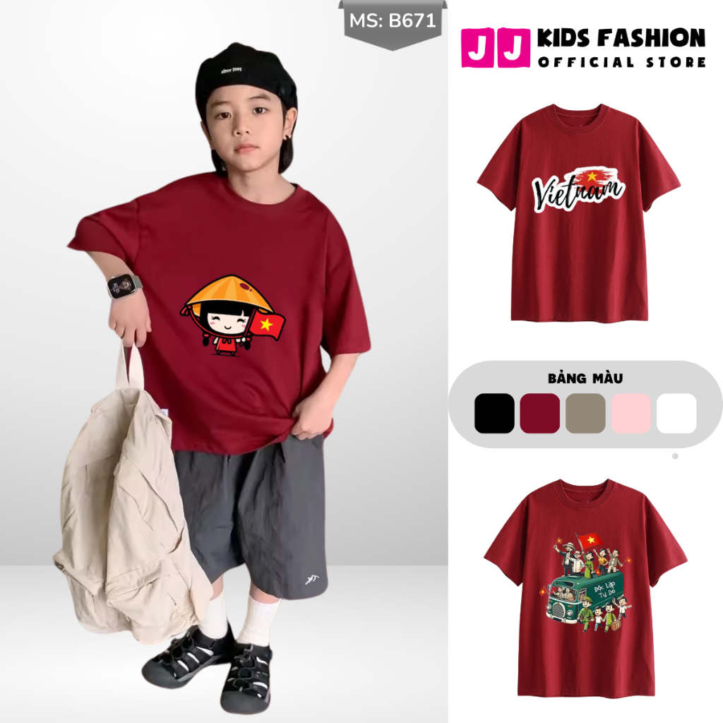 Áo Thun Ngắn Tay Mùa Hè Cho Bé Trai, Bé Gái In Hình Cờ đỏ Việt Nam, Cổ Tròn B671 | JJ Kids Fashion