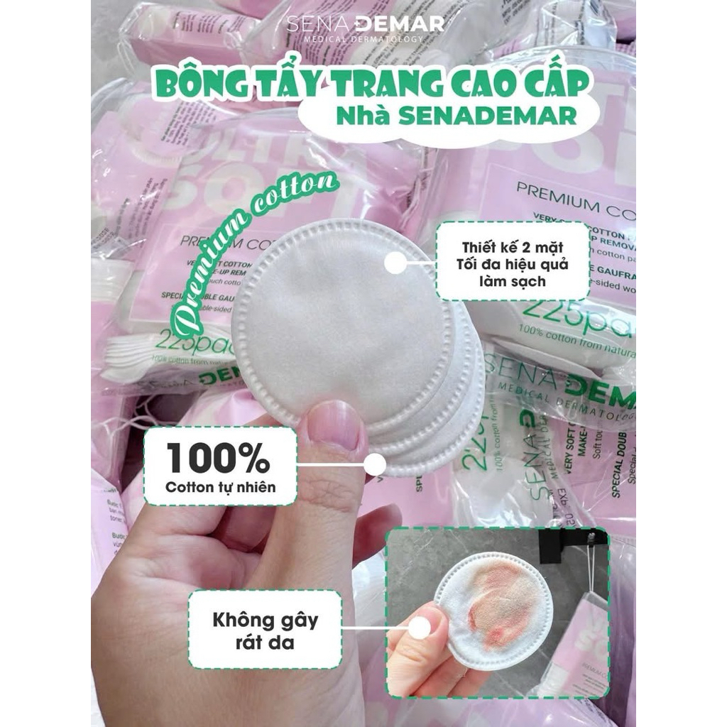 Bông tẩy trang tròn SenaDemar 225 pcs chất liệu 100% bông cotton - hạn 2028  IS212