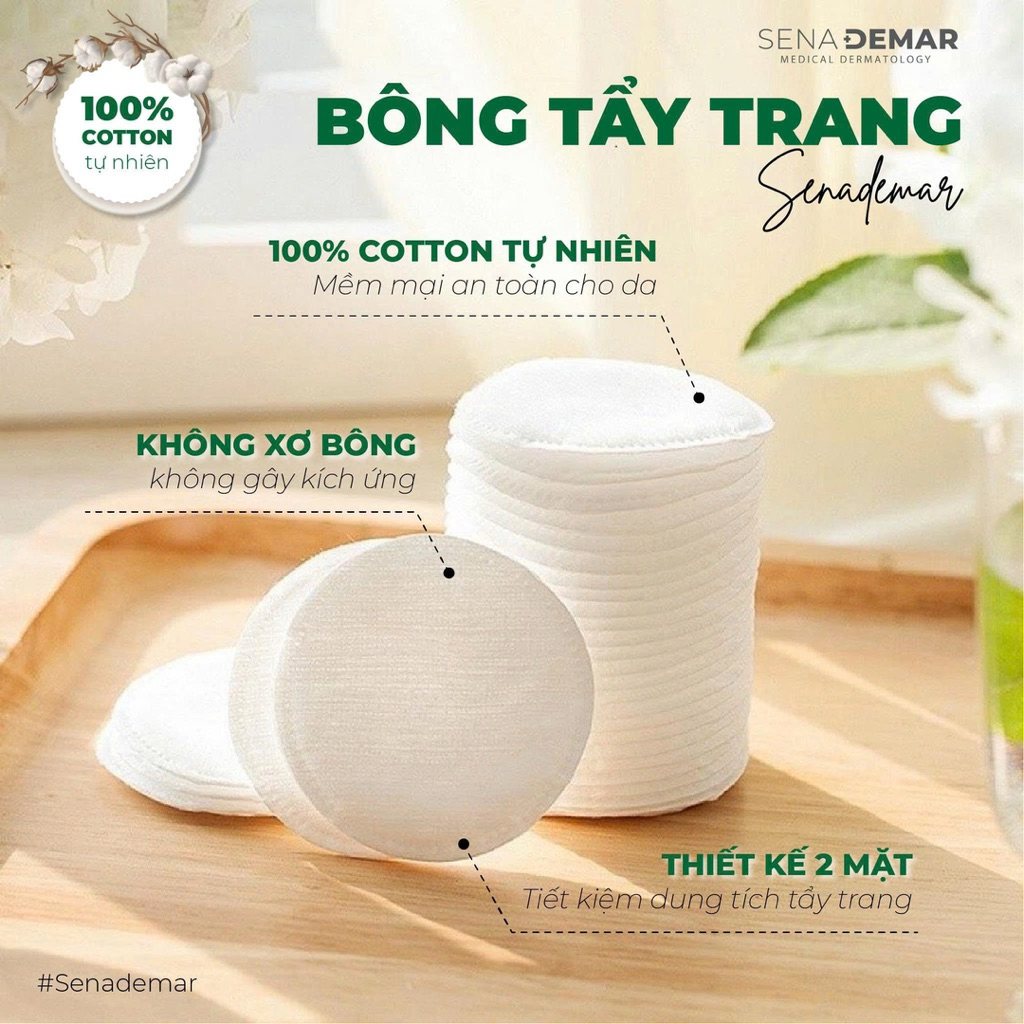 Bông tẩy trang tròn SenaDemar 225 pcs chất liệu 100% bông cotton - hạn 2028  IS212