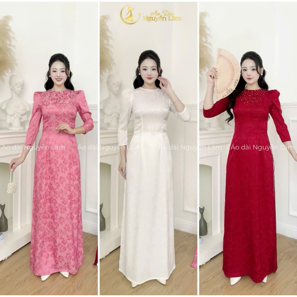 Áo dài Gấm Vân hoa đính đá pha lê thủ công lấp lánh, co giãn nhẹ thấm hút tốt, Áo dài cách tân truyền thống Nguyễn Lâm