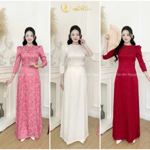 Áo dài Gấm Vân hoa đính đá pha lê thủ công lấp lánh, co giãn nhẹ thấm hút tốt, Áo dài cách tân truyền thống Nguyễn Lâm