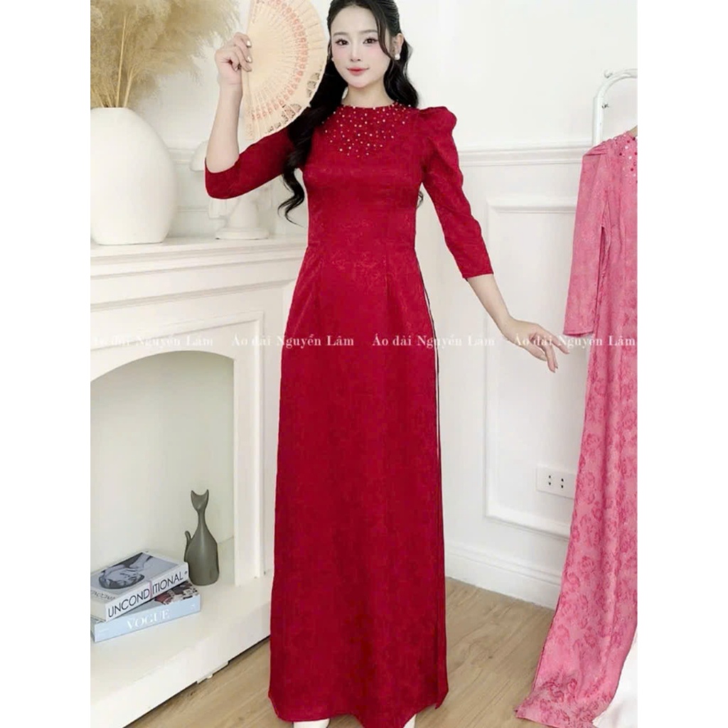 Áo dài Gấm Vân hoa đính đá pha lê thủ công lấp lánh, co giãn nhẹ thấm hút tốt, Áo dài cách tân truyền thống Nguyễn Lâm