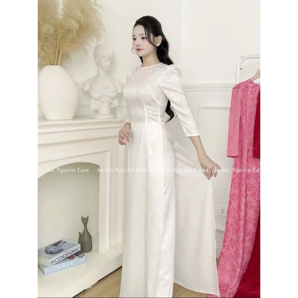 Áo dài Gấm Vân hoa đính đá pha lê thủ công lấp lánh, co giãn nhẹ thấm hút tốt, Áo dài cách tân truyền thống Nguyễn Lâm