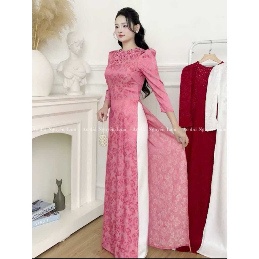 Áo dài Gấm Vân hoa đính đá pha lê thủ công lấp lánh, co giãn nhẹ thấm hút tốt, Áo dài cách tân truyền thống Nguyễn Lâm