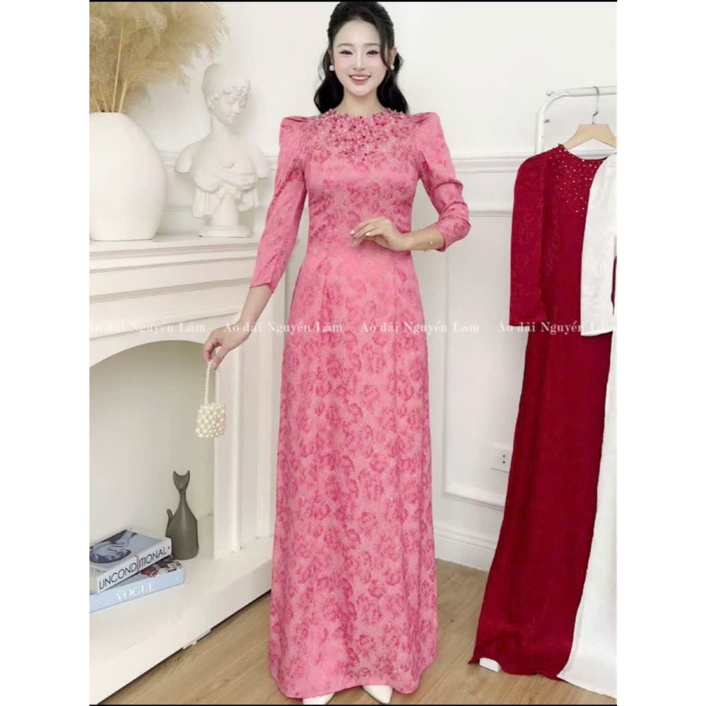 Áo dài Gấm Vân hoa đính đá pha lê thủ công lấp lánh, co giãn nhẹ thấm hút tốt, Áo dài cách tân truyền thống Nguyễn Lâm