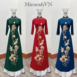 Áo dài mẹ sui áo dài thêu sen hạc vải lụa mango đính kết nổi bật dự tiệc MC05