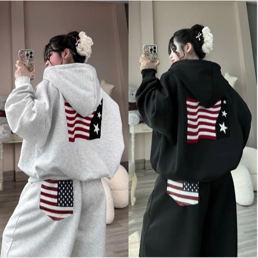 Sét Bộ Nỉ Nữ Basic Hotrend In Lá Cỡ Mỹ Dáng Rộng Tay Bồng Mix Quần Dài Jogger Ống Siêu Đẹp