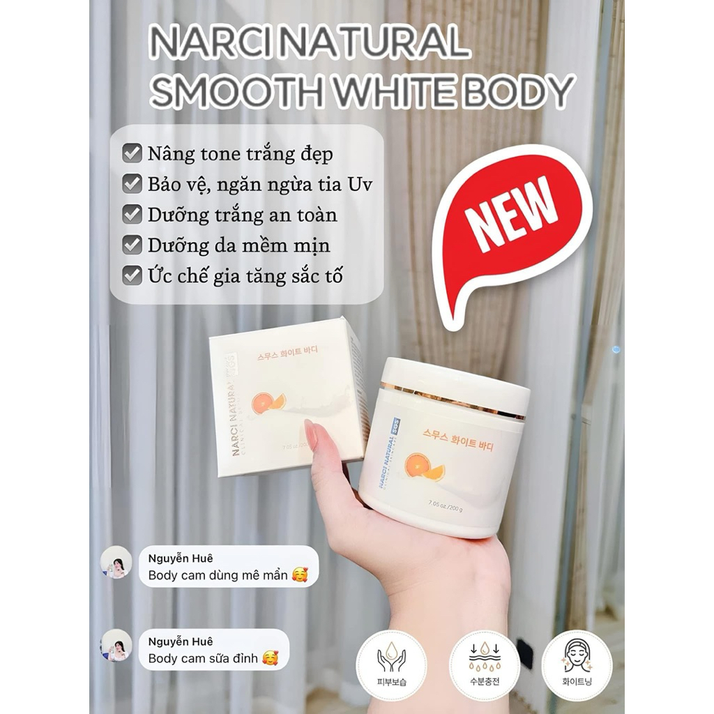 Kem body Narci Natural smooth white body giúp dưỡng trắng da,200g - hạn 2028 Hàn Quốc  IS323