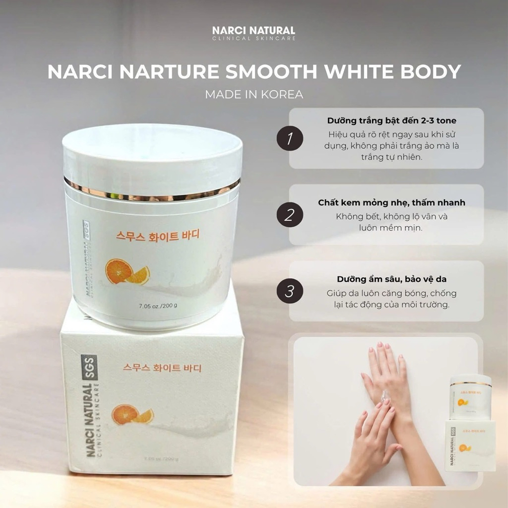 Kem body Narci Natural smooth white body giúp dưỡng trắng da,200g - hạn 2028 Hàn Quốc  IS323