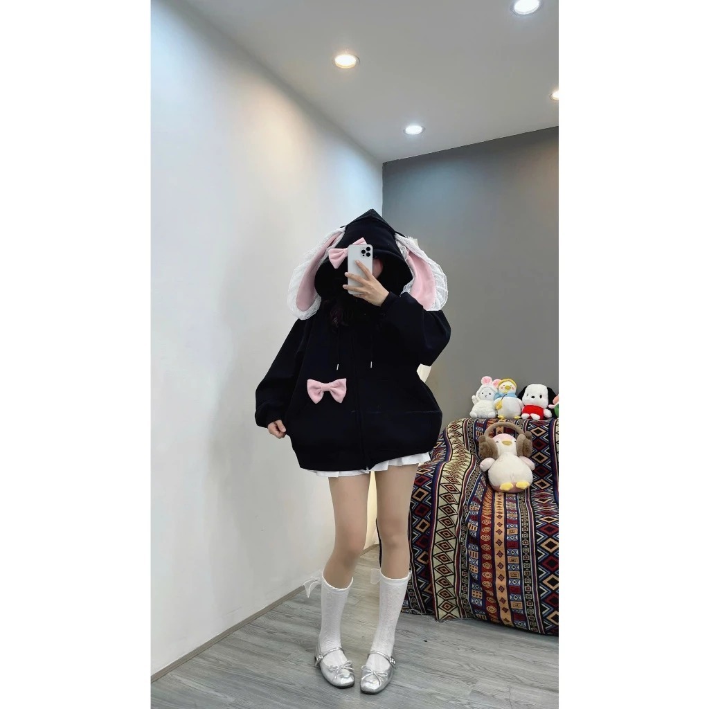 Áo khoác nỉ siêu Cutee mũ phối tai Thỏ Hồng Ren cài nơ siêu dày dặn from 65kg