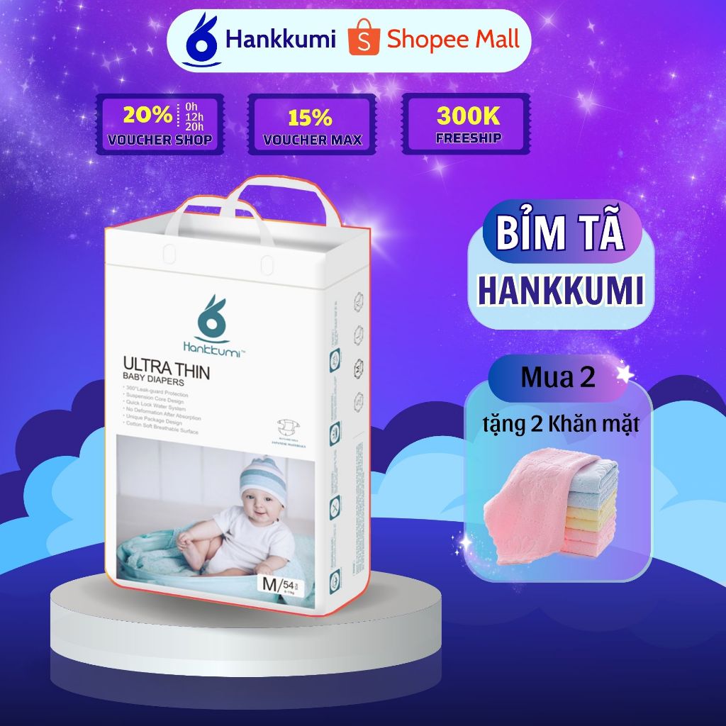 Bỉm/Tã Quần/Dán Hankkumi Đủ size S/M/L/XL/XXL/XXXL Cho bé Trẻ Sơ Sinh Newborn Hữu cơ Mỏng Thoáng khí