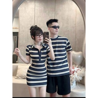 Set đồ đôi nam nữ kẻ sọc – Áo thun unisex & Váy body polo sọc ngang form chuẩn