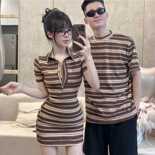 Set đồ đôi nam nữ kẻ sọc – Áo thun unisex & Váy body polo sọc ngang form chuẩn