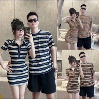 Set đồ đôi nam nữ kẻ sọc – Áo thun unisex & Váy body polo sọc ngang form chuẩn