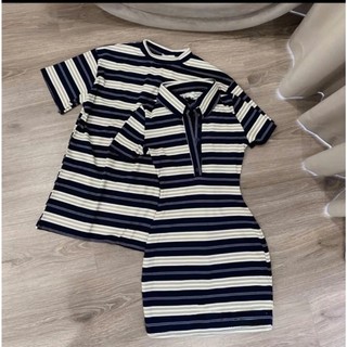 Set đồ đôi nam nữ kẻ sọc – Áo thun unisex & Váy body polo sọc ngang form chuẩn