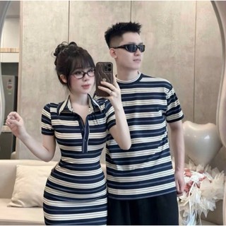 Set đồ đôi nam nữ kẻ sọc – Áo thun unisex & Váy body polo sọc ngang form chuẩn