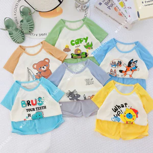 Bộ Cộc Tay thun Tăm Cho Bé Trai, Bé Gái 6 -16kg may rộng rãi. Vải thun tăm mềm, co giãn không xù lông
